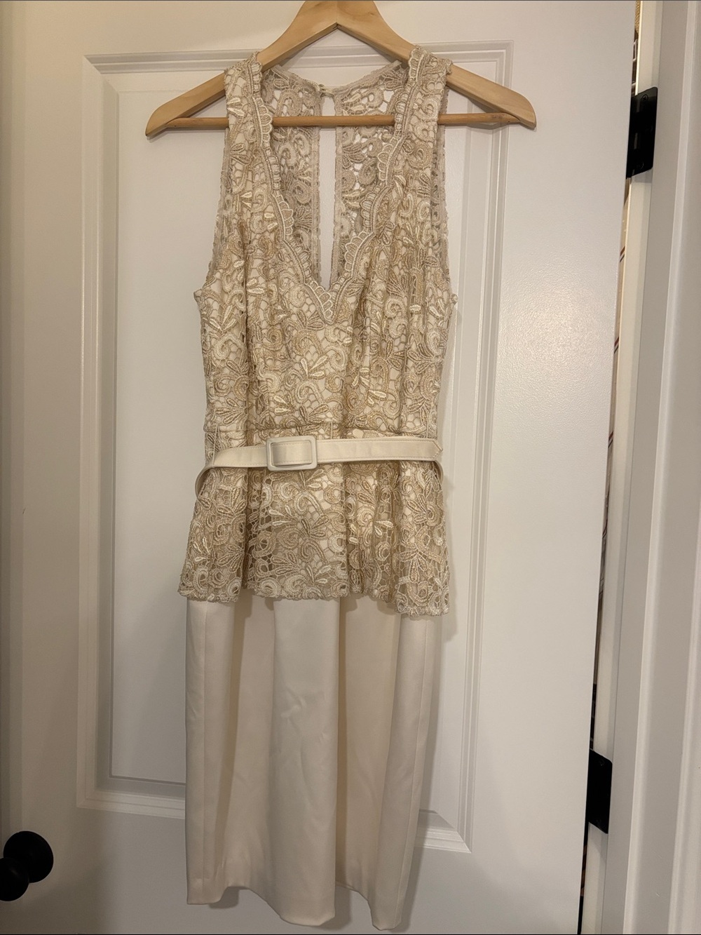Xscape Sleeveless Ivory Lace Peplum Dress with Belt